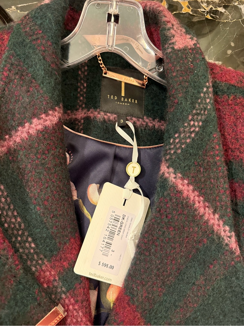 Ted Baker Burgundy and Dark Green Plaid Long Sleeve Wrap Coat Dress - Picture 3 of 5